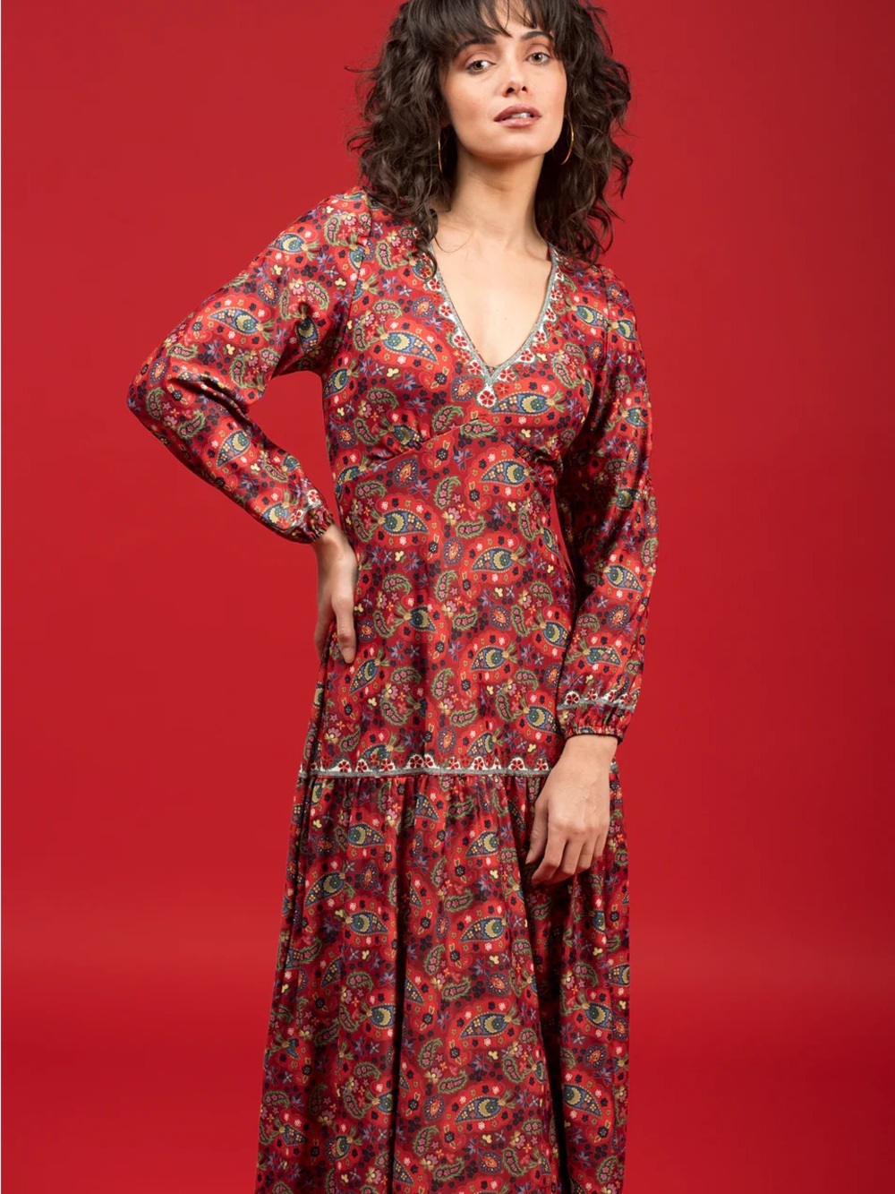 Red Paisley V-Neck Maxi Dress with Long Sleeves